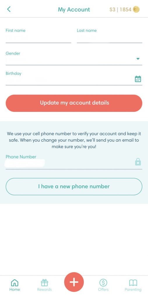 A display of the "My account" in the Pampers Club app.